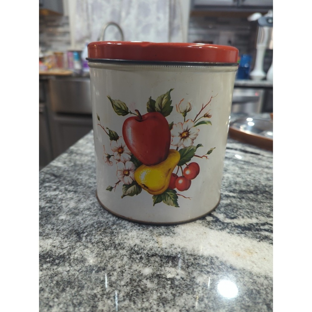Vintage 1960's Decoware Tin Fruit Canister Red Lid Apple Pear Cherries